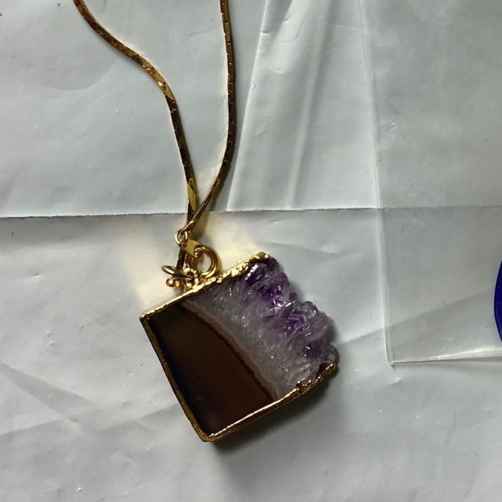 Amethyst Druzy Slice Pendant Gold Tone Necklace Natural Stone‎